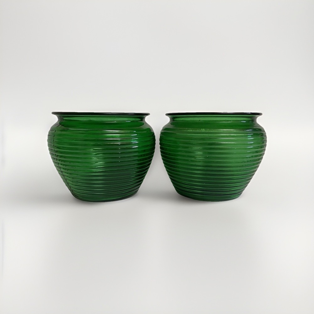 Vintage Pair National Potteries Emerald Green Ribbed Beehive Glass Bowl Planter